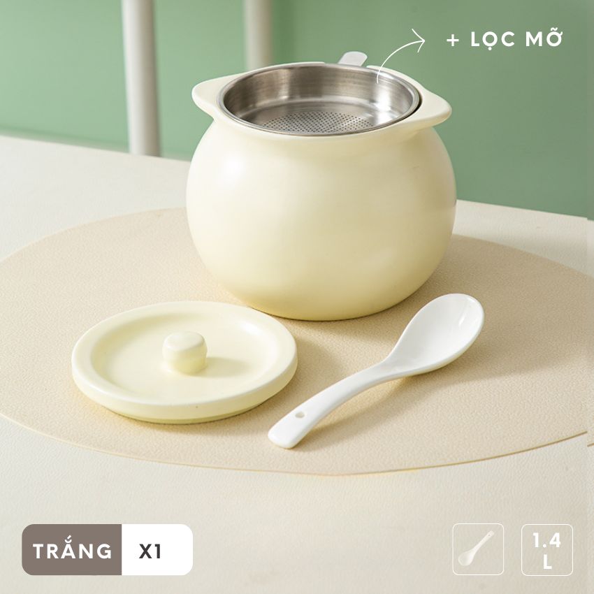 Hũ gốm sành sứ có nắp đựng mỡ lợn kèm thìa, âu sứ gốm đựng mỡ có nắp sang trọng 400 - 1400ml - DXGVAM01TR400