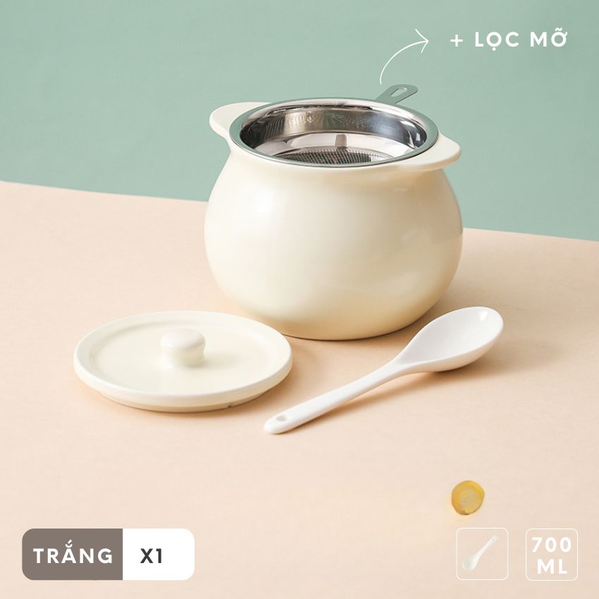 Hũ gốm sành sứ có nắp đựng mỡ lợn kèm thìa, âu sứ gốm đựng mỡ có nắp sang trọng 400 - 1400ml - DXGVAM01TR400
