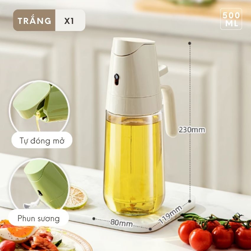 Bình đựng dầu ăn thông minh tự đóng mở, chai xịt dầu ăn phun sương thủy tinh cao cấp - PMGVDAXR02TR500