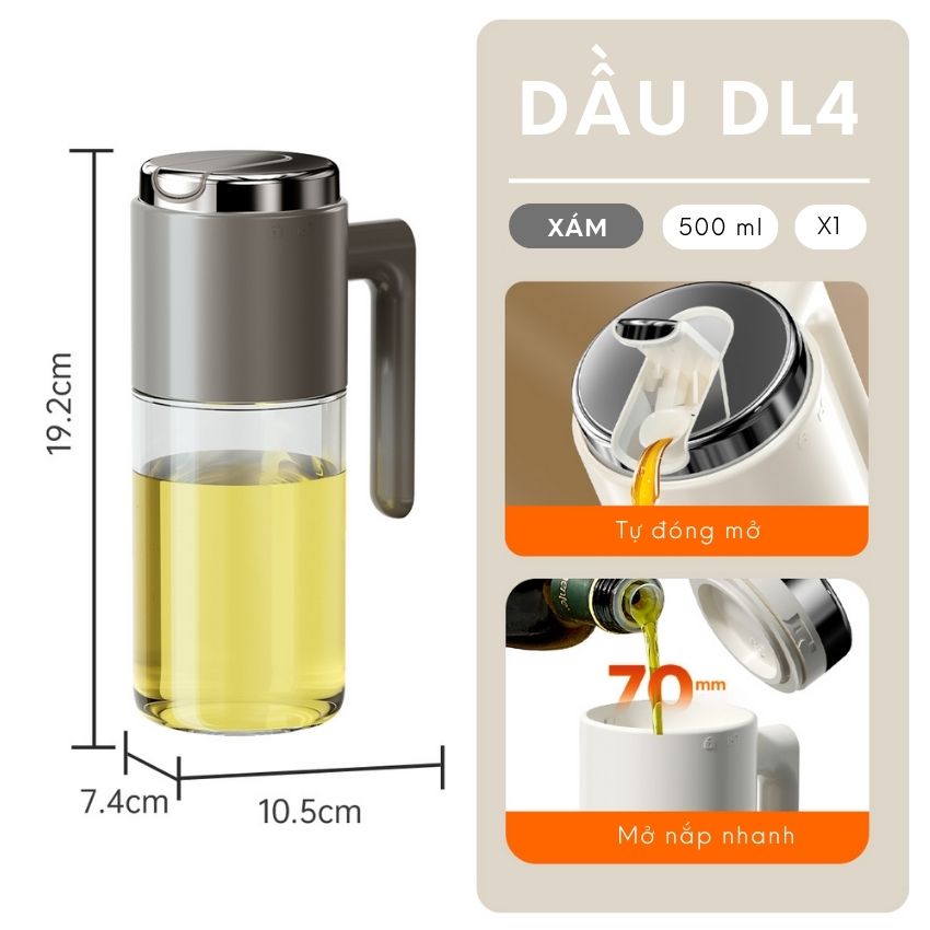 Chai đựng dầu ăn thủy tinh thông minh FEEKA cao cấp nắp tự đóng mở, bình đựng dầu ăn thủy tinh 500ml - DLGVTXRD04TR500