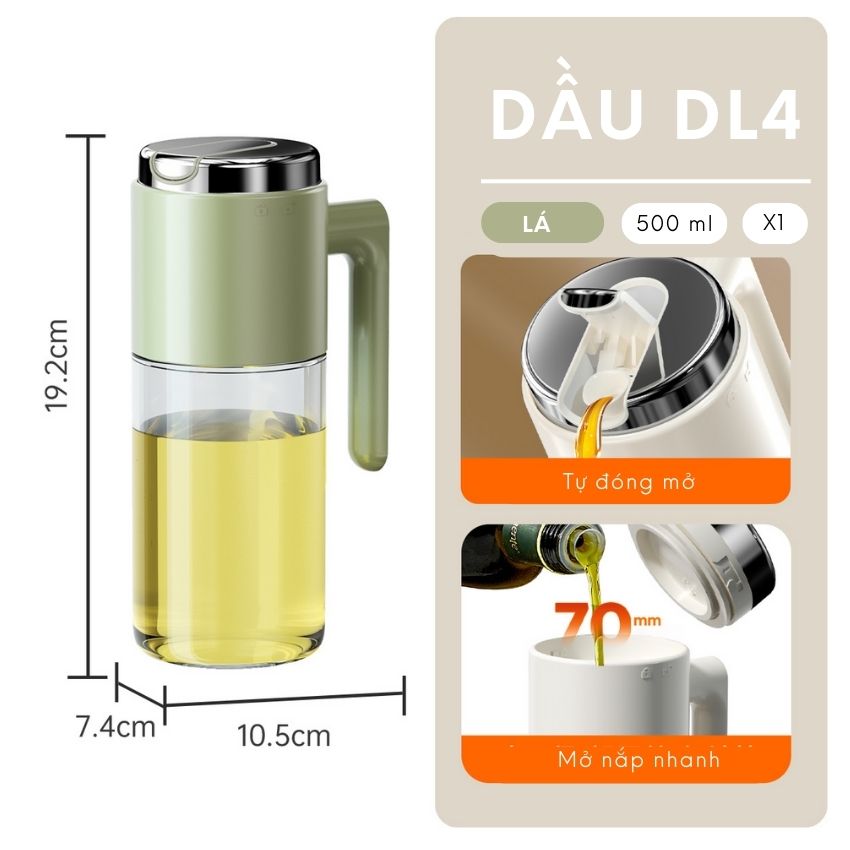 Chai đựng dầu ăn thủy tinh thông minh FEEKA cao cấp nắp tự đóng mở, bình đựng dầu ăn thủy tinh 500ml - DLGVTXRD04TR500