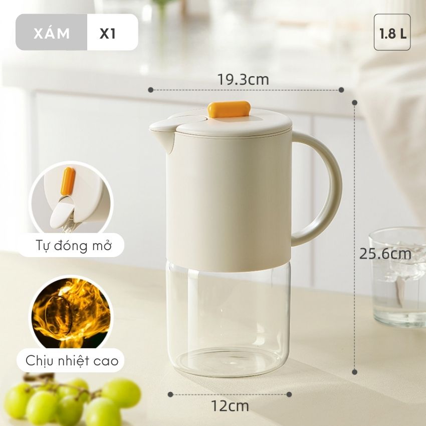 Bình đựng nước thủy tinh borosilicate chịu nhiệt, bình nước phòng khách 1800ml thủy tinh - PMBN01TRBR