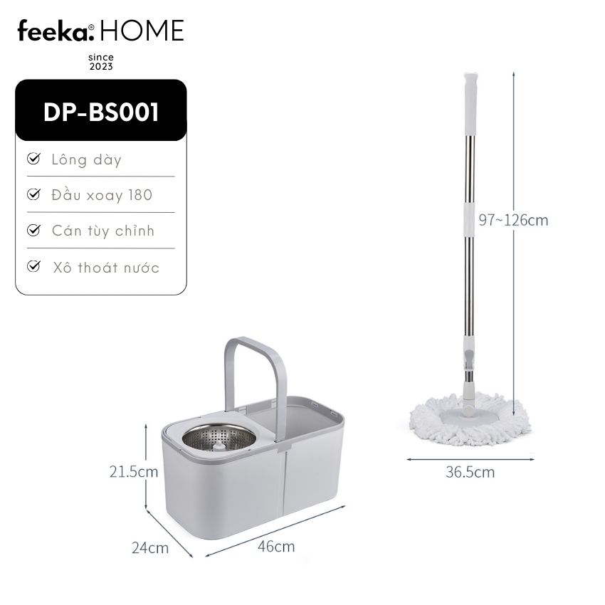 Bộ chổi lau nhà thông minh xoay tự vắt tự tách nước, combo cây lau nhà tự vắt kèm thùng giặt - DPCHLN1L001