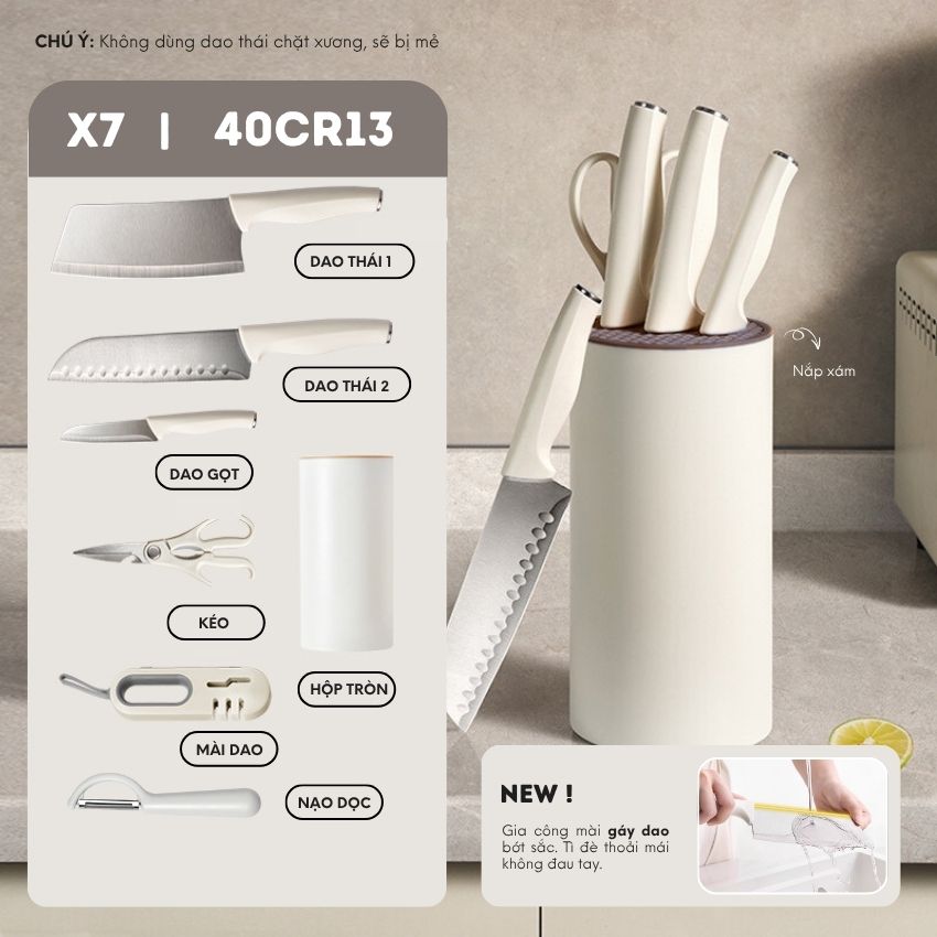 Bộ dao nhà bếp cao cấp kèm ống đựng xinh xắn, bộ dao 7 món công nghệ chống gỉ BO - HSDAOCB051