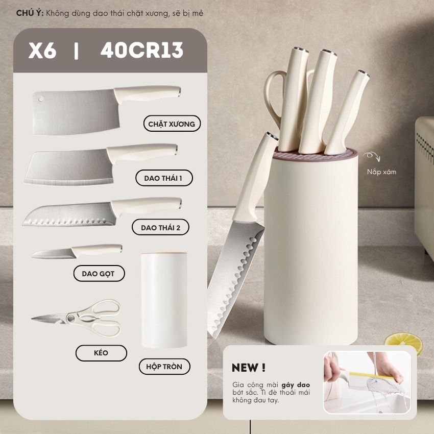 Bộ dao nhà bếp cao cấp kèm ống đựng xinh xắn, bộ dao 7 món công nghệ chống gỉ BO - HSDAOCB051