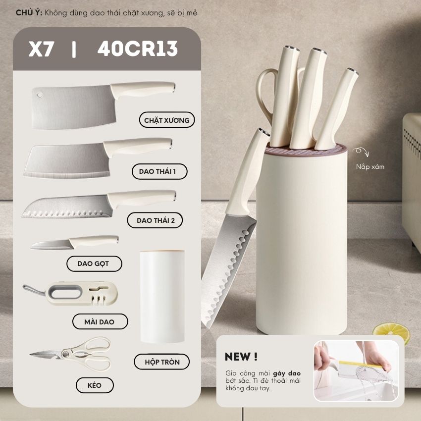 Bộ dao nhà bếp cao cấp kèm ống đựng xinh xắn, bộ dao 7 món công nghệ chống gỉ BO - HSDAOCB051