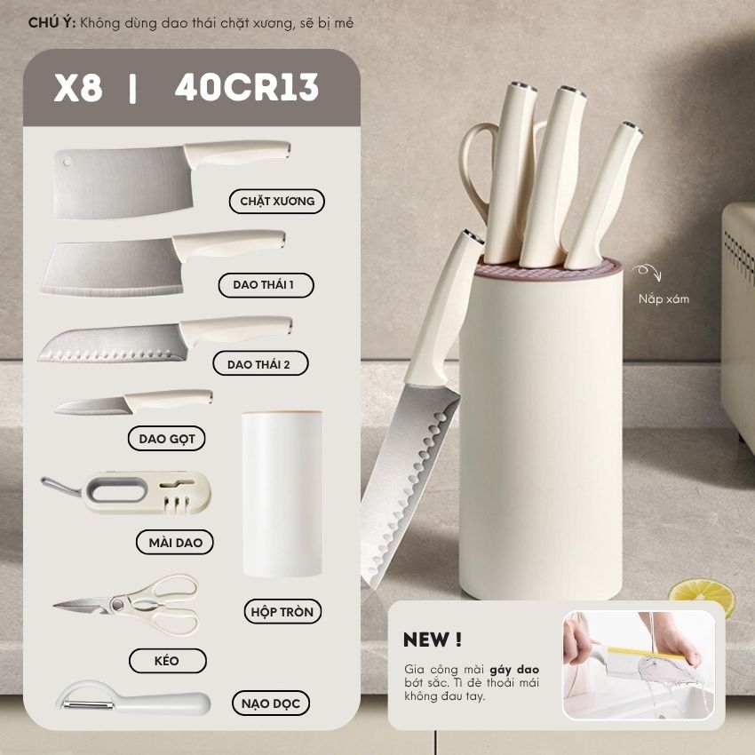 Bộ dao nhà bếp cao cấp kèm ống đựng xinh xắn, bộ dao 7 món công nghệ chống gỉ BO - HSDAOCB051