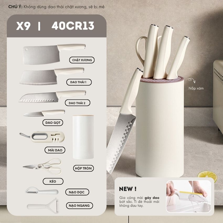 Bộ dao nhà bếp cao cấp kèm ống đựng xinh xắn, bộ dao 7 món công nghệ chống gỉ BO - HSDAOCB051