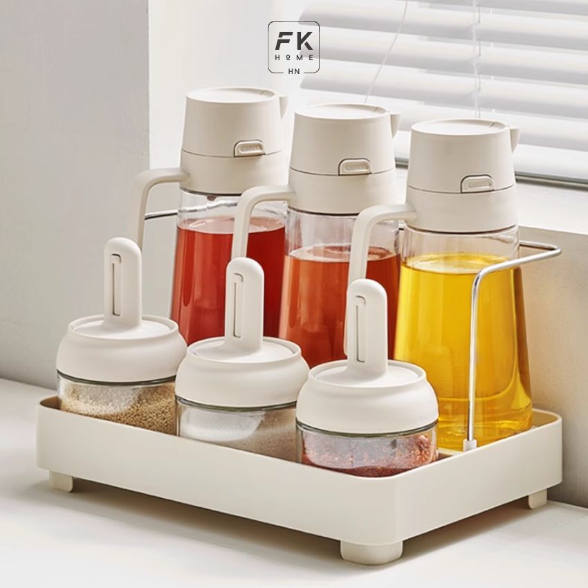 Combo gia vị IG kèm khay đựng xinh xắn, set lọ đựng gia vị và chai dầu ăn sang trọng - IGGVCB07