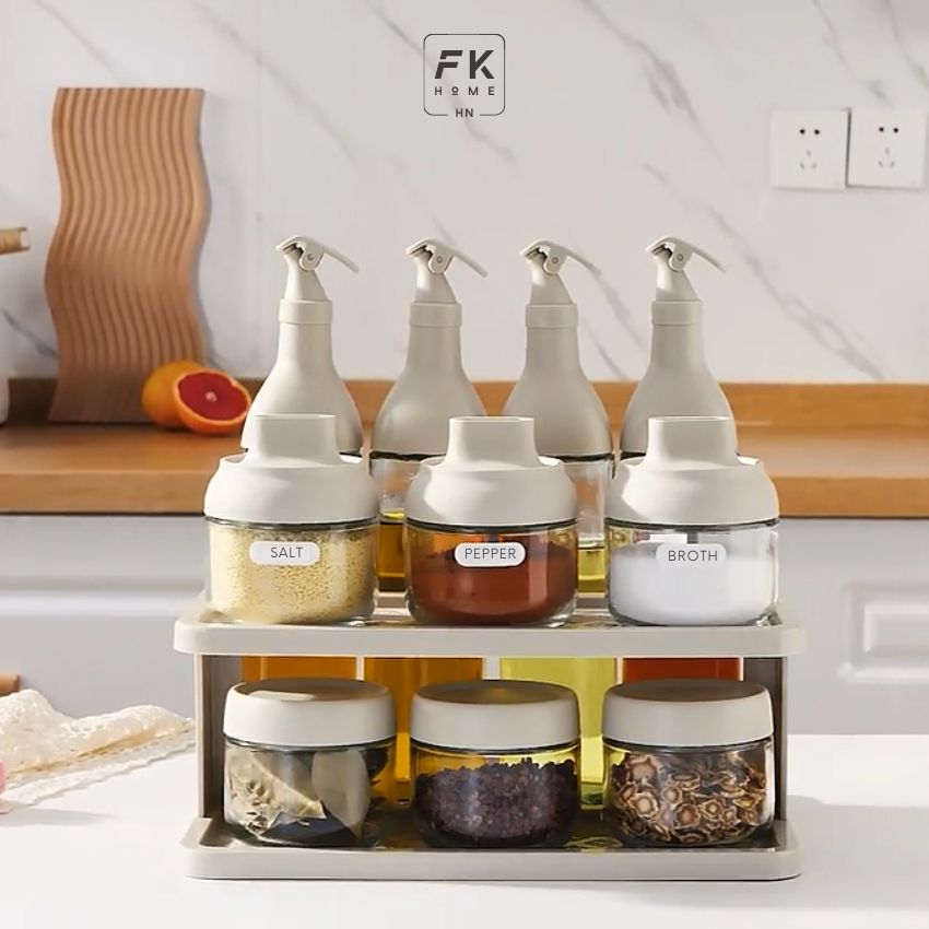 Combo gia vị INGE kèm khay đựng xinh xắn, set lọ đựng gia vị và chai dầu ăn sang trọng - IGGVCB01