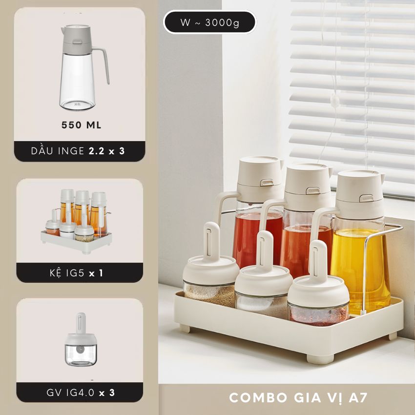 Combo gia vị IG kèm khay đựng xinh xắn, set lọ đựng gia vị và chai dầu ăn sang trọng - IGGVCB07