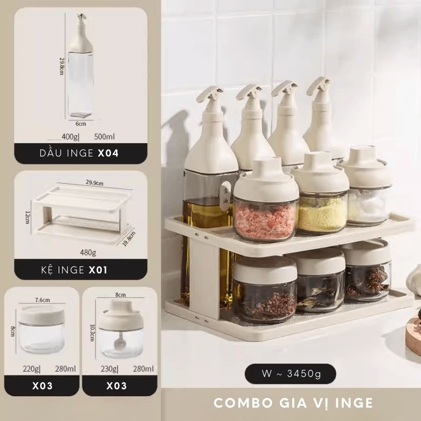 Combo gia vị INGE kèm khay đựng xinh xắn, set lọ đựng gia vị và chai dầu ăn sang trọng - IGGVCB01