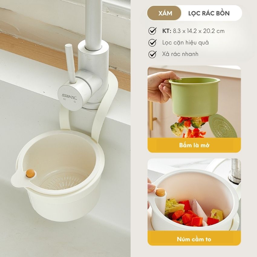 Dụng cụ lọc rác bồn rửa thông minh bấm là mở size lớn, thùng đựng rác lọc nước bồn rửa - DLKKBRTV01TR