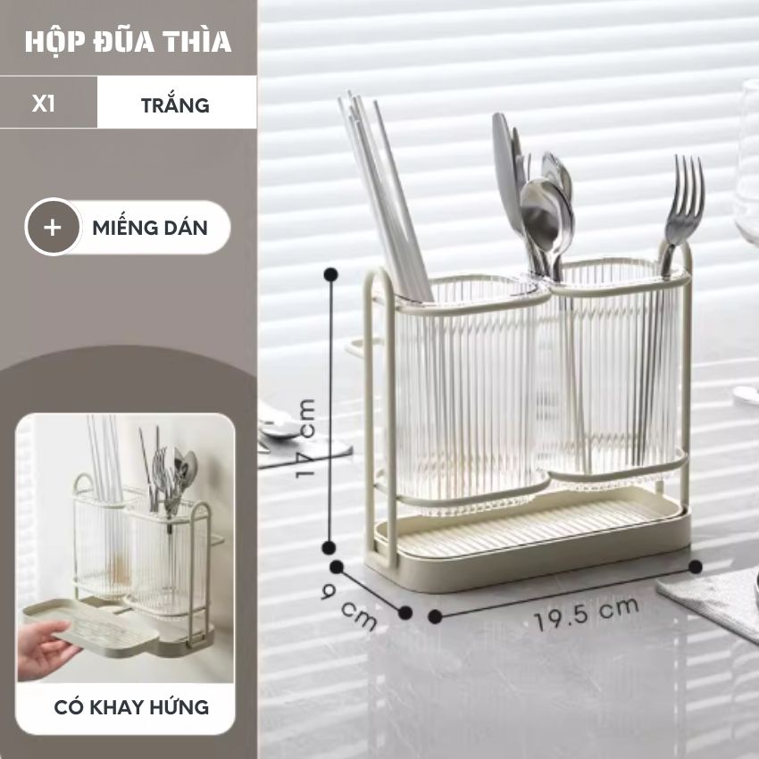 Hộp đựng đũa muỗng có khay hứng nước, ngăn ẩm mốc, Hộp đựng đũa thìa treo tường thoát nước - PMDUAHD01TR