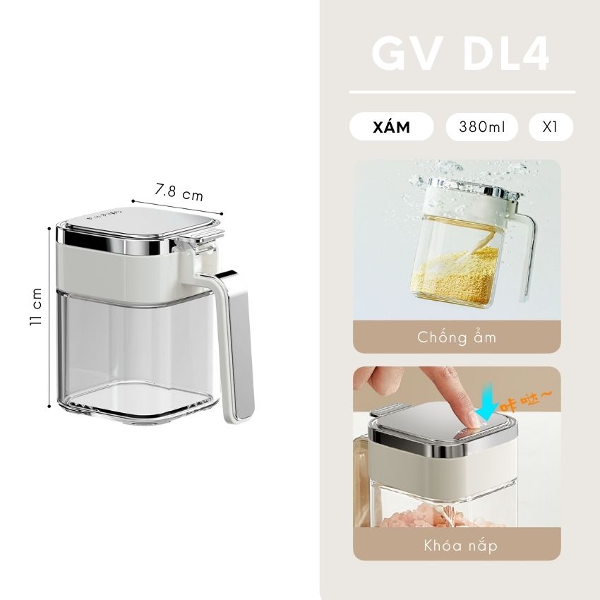 Hũ đựng gia vị vuông thủy tinh có thìa FEEKA chống ẩm, lọ thủy tinh vuông đựng gia vị thông minh 380ml - DLGVTX04X