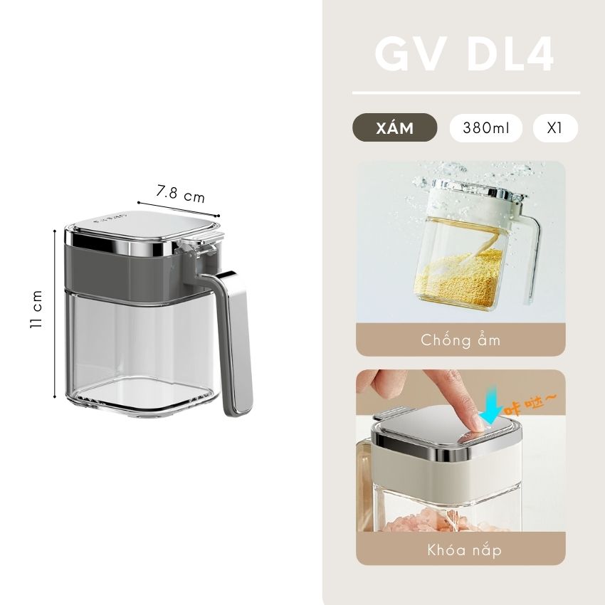 Hũ đựng gia vị vuông thủy tinh có thìa FEEKA chống ẩm, lọ thủy tinh vuông đựng gia vị thông minh 380ml - DLGVTX04X