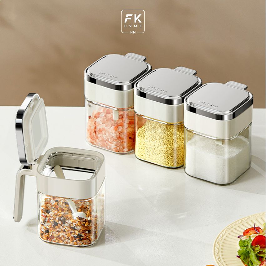 Hũ đựng gia vị vuông thủy tinh có thìa FEEKA chống ẩm, lọ thủy tinh vuông đựng gia vị thông minh 380ml - DLGVTX04X