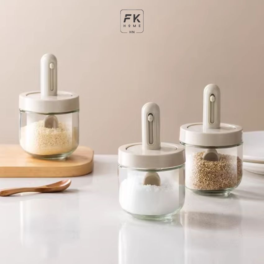 Lọ gia vị thủy tinh có thìa FEEKA chống ẩm, hũ đựng gia vị thủy tinh thông minh 300ml - PMGVTXDC1TR