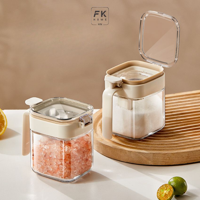 Hũ đựng gia vị vuông thủy tinh có thìa FEEKA chống ẩm, lọ thủy tinh vuông đựng gia vị thông minh 400ml chống ngập thìa - DLGVTX05TR