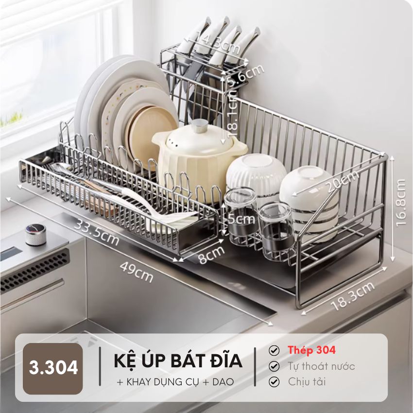 Kệ úp chén và bát đĩa thông minh có khay, giá úp bát và để đĩa chén thép carbon chống gỉ - YLKKUBD101