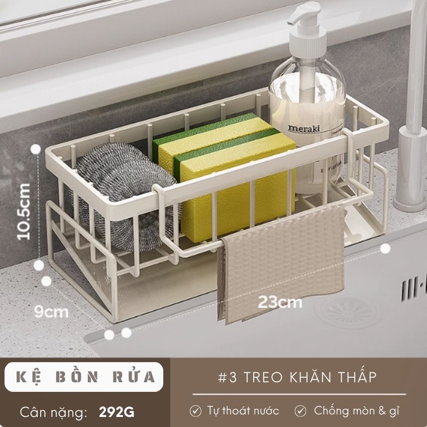 Kệ bồn rửa chén bát tự thoát nước chất liệu thép carbon kèm thanh treo khăn - YLKKBRDCRDT07TR